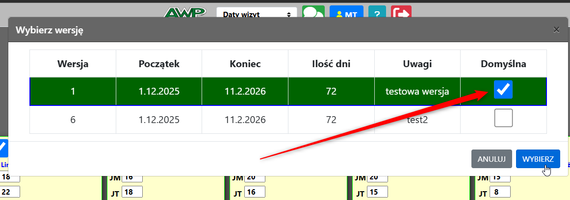 Tabela z wersjami harmonogramów