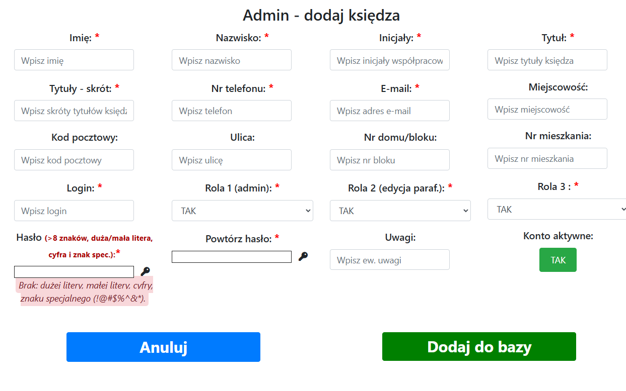 Formularz dodawania księdza