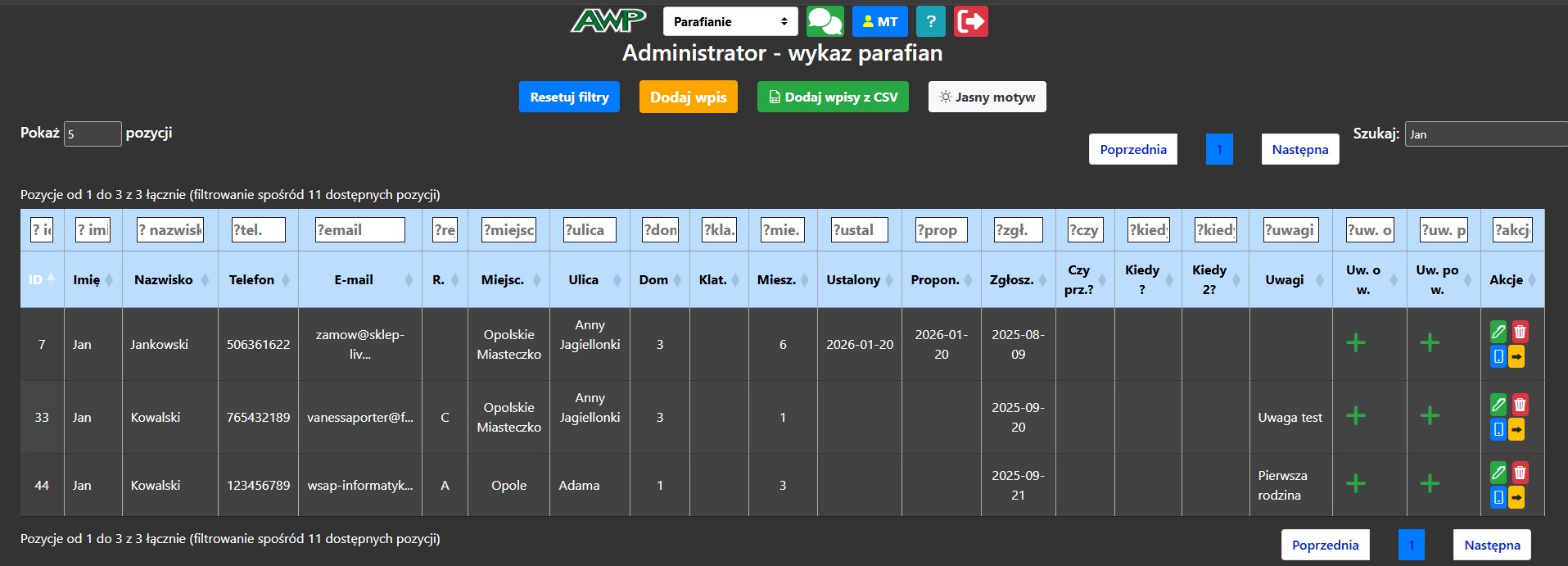 Zrzut ekranu głównego widoku bazy parafian