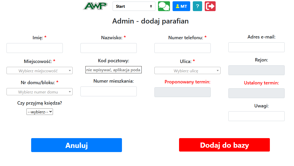 Formularz dodawania parafianina