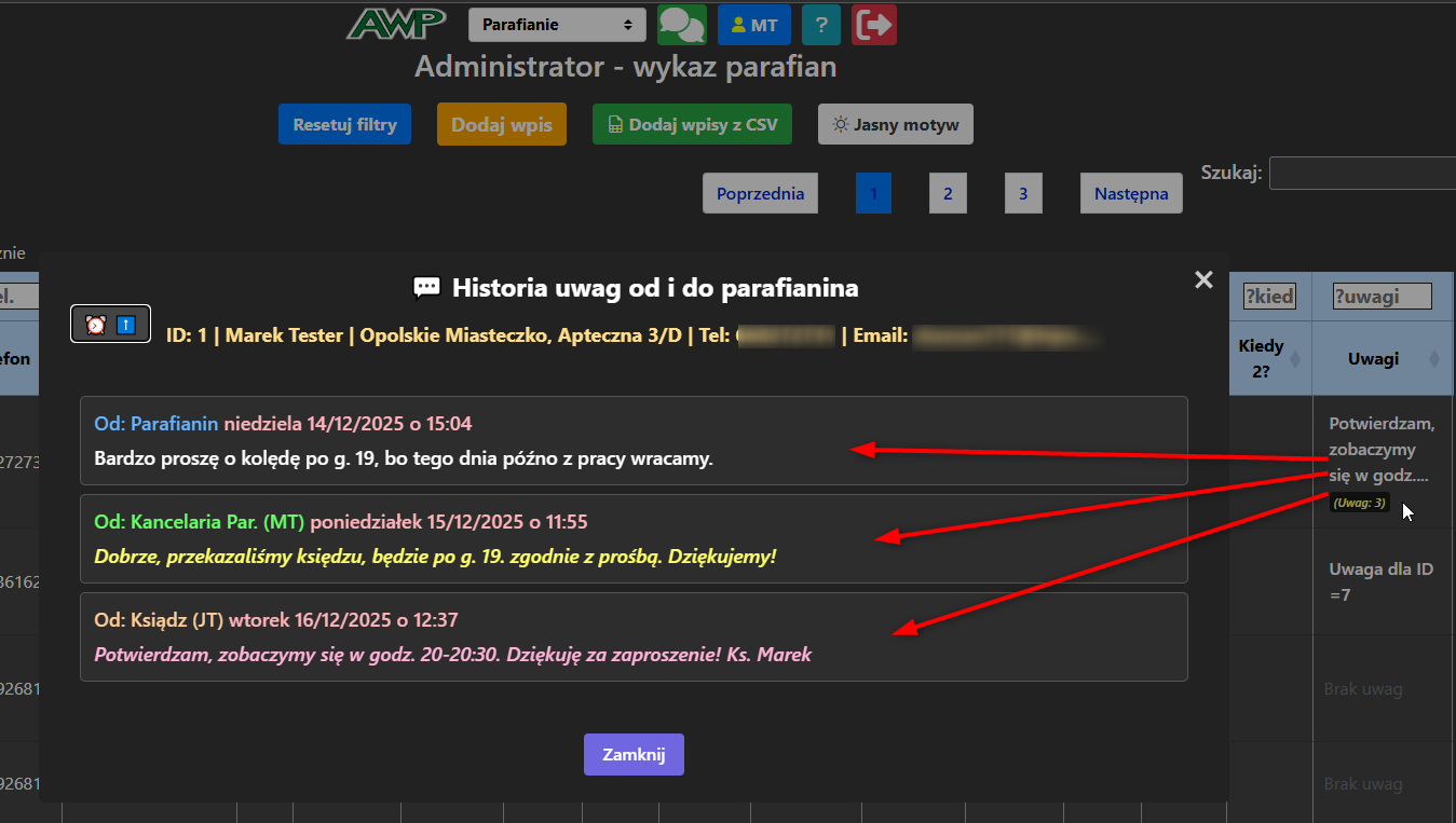 Modal z historią uwag parafianina