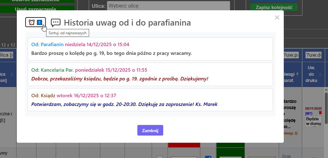 Podgląd uwag parafian w oknie po kliku w pole uwagi