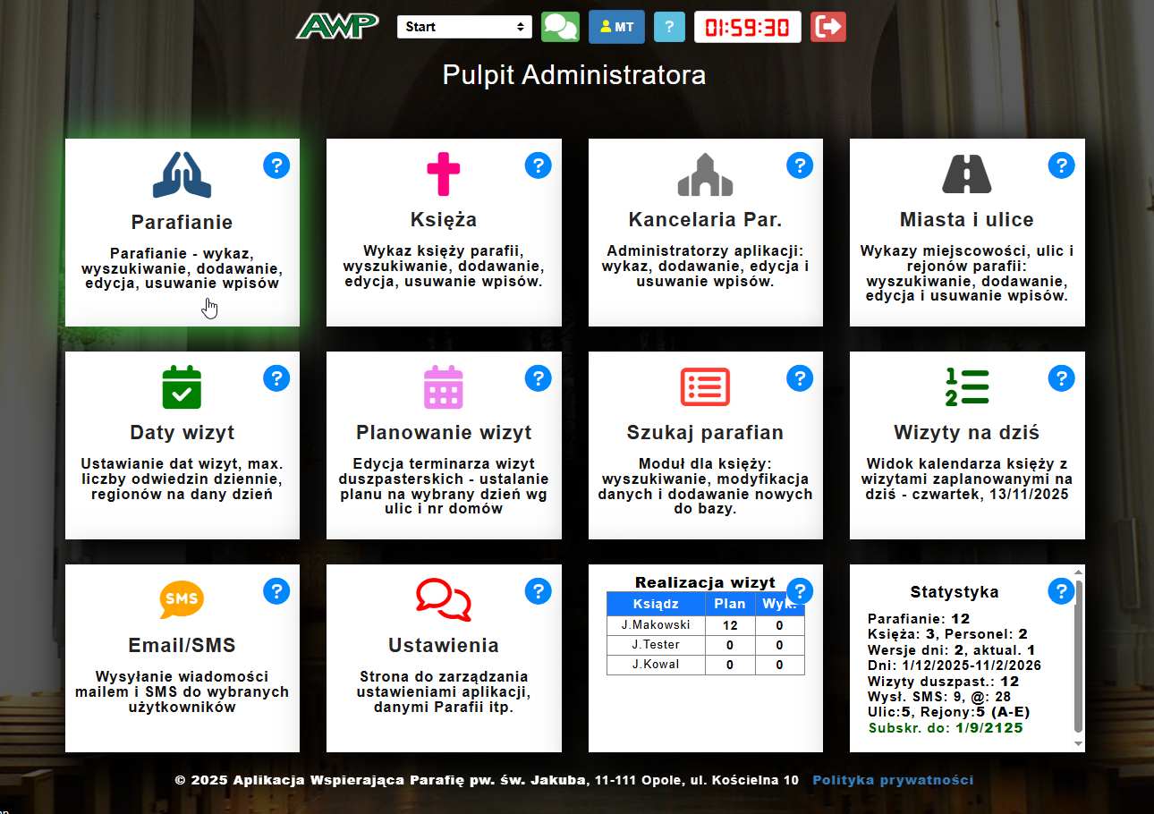 Pulpit Administratora w AWP - kafelki reprezentujące poszczególne moduły aplikacji