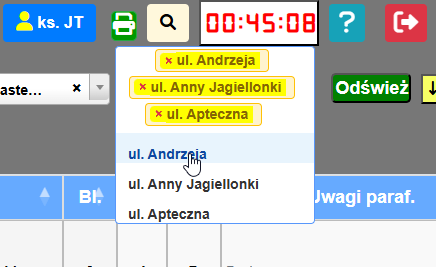 Lista wyboru ulic z możliwością wielu wyborów