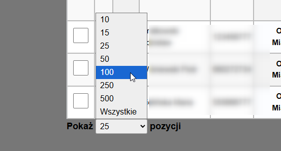 Lista wyboru liczby wpisów