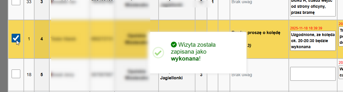 Pole zaznaczania wykonanych wizyt