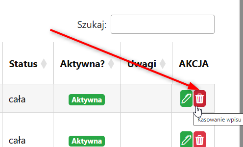 Przycisk usuwania ulicy